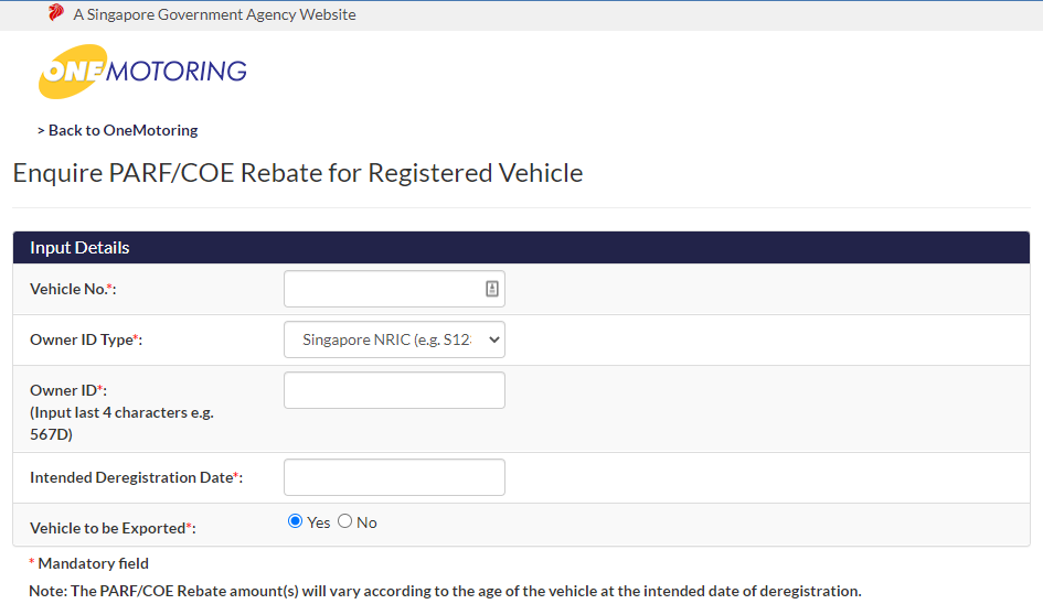 screencapture of LTA OneMotoring enquiry page of PARF/COE rebate