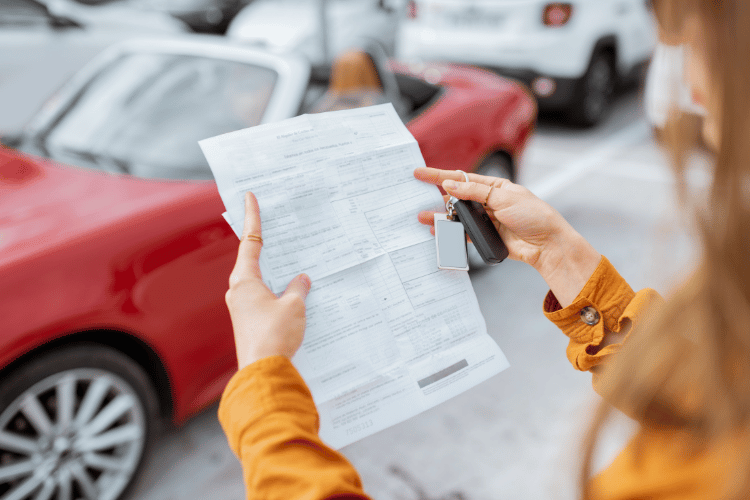 Woman holding a document and car key in front of a red car